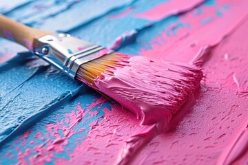 Fototapeta premium A close-up image of a brush blending pink and blue paint on a canvas, showing the texture and vibrancy of the paint strokes in an abstract artistic expression.