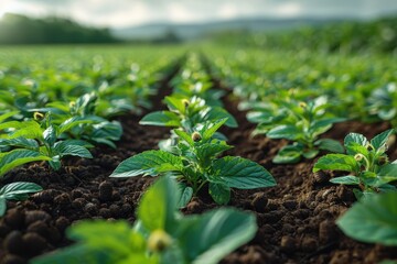 A vibrant image of healthy plants growing in neat rows within a lush agricultural field, reflecting the successful practices of modern farming and abundant plant health.