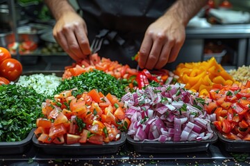 Obraz premium Hands meticulously organizing an array of chopped vegetables, including tomatoes, red onions, bell peppers, and greens, displaying culinary skill and vibrant healthy ingredients.