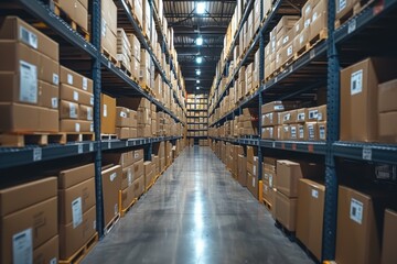 Fototapeta premium A wide aisle in a warehouse is filled with stacked boxes on tall shelves, showcasing the efficiency, organization, and industrial environment of modern storage facilities.