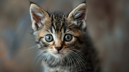 Curious kitten with striped fur gazing into the camera