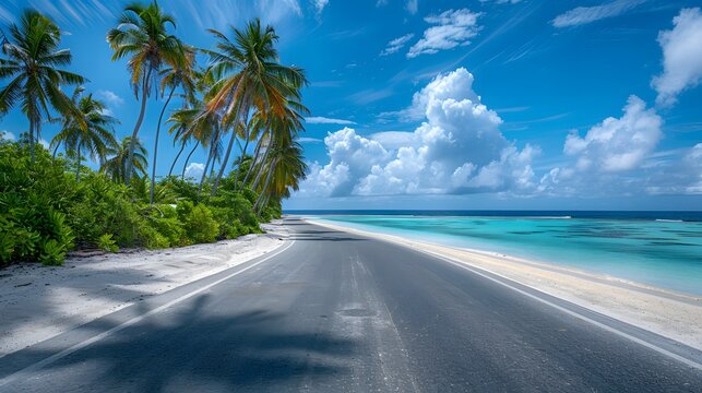 A coastal road with palm trees on the left and white sandy beach to the right, blue sky with clouds in background, Maldives style.