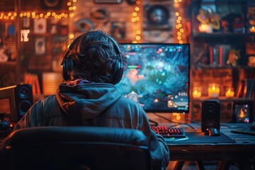 A gamer is deeply engaged in a session with double monitors displaying an immersive game in a warmly lit yet technologically sophisticated environment, highlighting entertainment and focus.