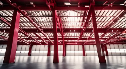 Industrial warehouse with symmetrical and bright red framework