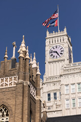 Jackson, Mississippi, USA - April 23, 2024: Afternoon light shines on the historic buildings of...