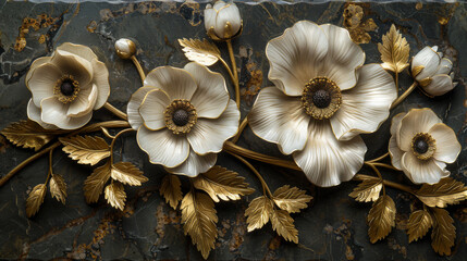 panel wall art, wall decoration, marble background with flowers designs