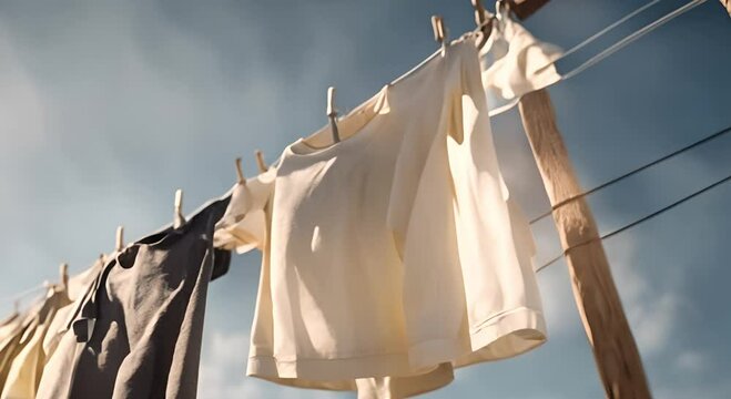 Clothes hanging on a clothesline in a sunny backyard