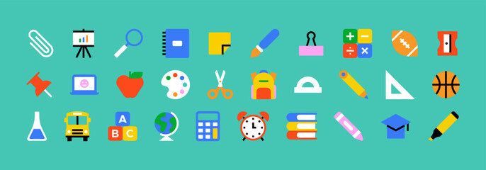 Colorful school icon set. Modern flat education cartoon collection, fun study geometric element bundle. Children stationery texture, art supplies symbol design.