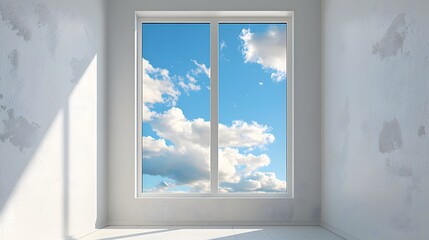 White plastic window with sky view, illustration of isolated white window frame on wall with blue cloudy sky background, panoramic modern windows, exterior and interior design concept.