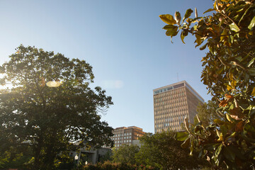 Jackson, Mississippi, USA - April 23, 2024: Afternoon light shines on the historic buildings of...