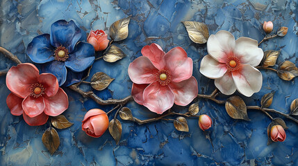 panel wall art, wall decoration, marble background with flowers designs