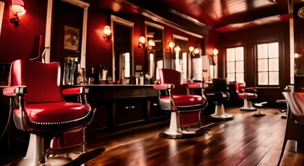 Barbershop interior with vintage style and leather chairs