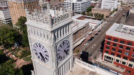 Jackson, Mississippi, USA - April 23, 2024: Afternoon light shines on the historic buildings of...