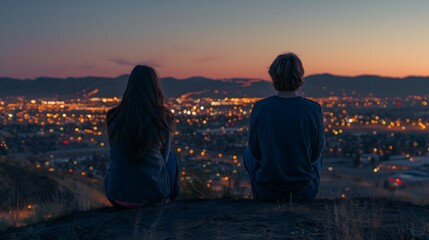 Young couple seated on a hilltop, backs to the camera, watching the city lights flicker below under the twilight sky.