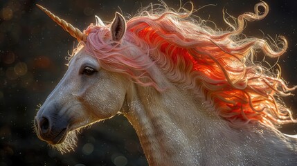 white unicorn with pink hairs close-up image HD fantasy photography  