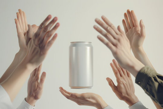 A close-up shot of several hands clapping around a white blank can, front view. The composition should convey a sense of celebration or appreciation, with the focus on the hands and the can.