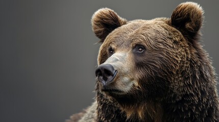 Obraz premium Close-up portrait of a brown bear looking upward, detailed fur texture. Wildlife and nature photography concept