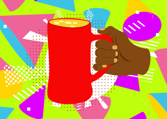 Beer in hand geometrical graphic retro theme background. Minimal geometric elements. Vintage abstract shapes vector illustration.