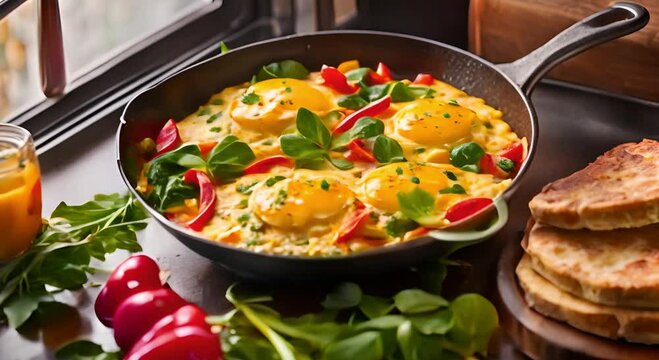 Golden omelet in a pan with colorful vegetables