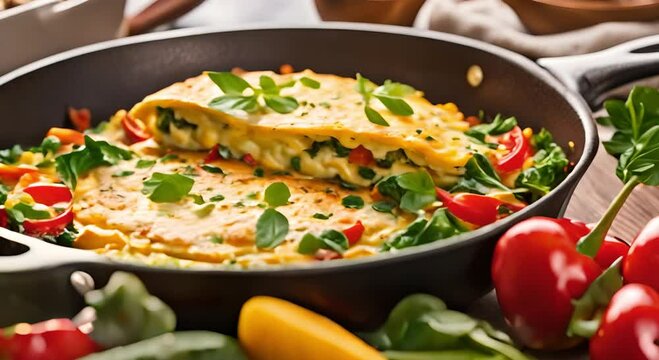 Golden omelet in a pan with colorful vegetables