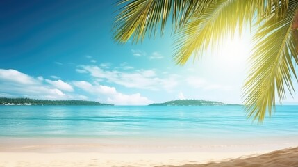 Tropical summer sand beach and palm on sea sky background, copy space