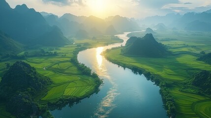 Aerial capture of the serene Tam Coc landscape with river winding through rice paddies