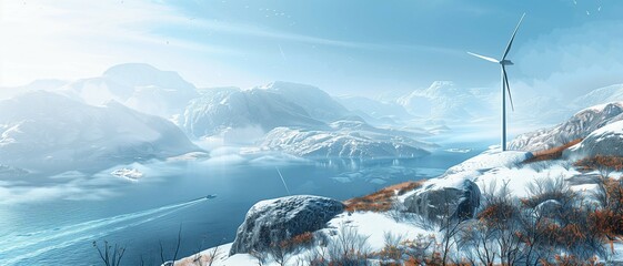 Winter landscape with wind turbines in the background,renewable energy with modern technology.