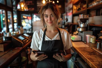 A barista woman in an apron holding a tablet, standing behind a counter in a cozy café filled with warm lighting and various coffee-making equipment, ready to take orders.