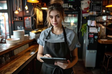 A female barista with dark hair working on a tablet in a well-decorated café, preparing to take orders or manage tasks, with a focused and professional demeanor.