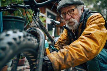 A person in a yellow jacket is intensely engaged in bike maintenance, showcasing the practical nature of hands-on outdoor work, with various cycling gear in the background.