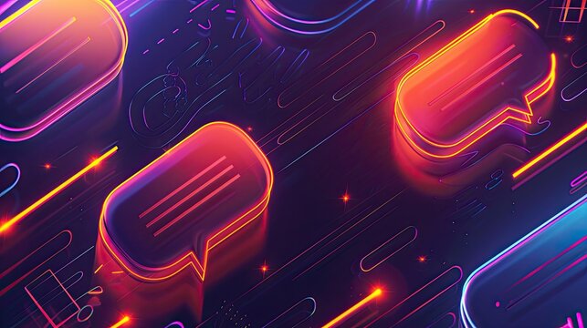 Neon comic book speech bubbles with glowing outlines and dramatic drop shadows