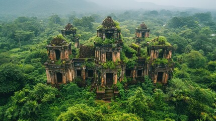 Naklejka premium Drone shot of the ancient ruins of My Son sanctuary surrounded by jungle