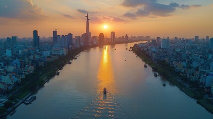 Naklejka premium Drone shot of the modern skyline and landmarks of Ho Chi Minh City