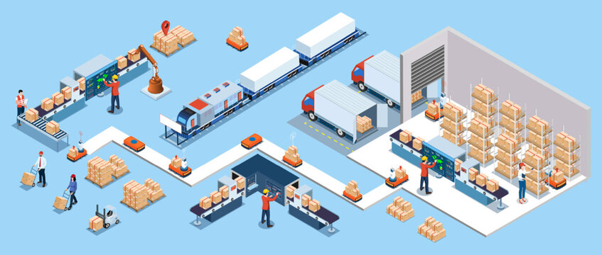 Automated warehouse robotic and autonomous robot transportation service concept with Automated Guided Vehicles (AGVs) and Autonomous Mobile Robots (AMRs). Vector illustration EPS 10