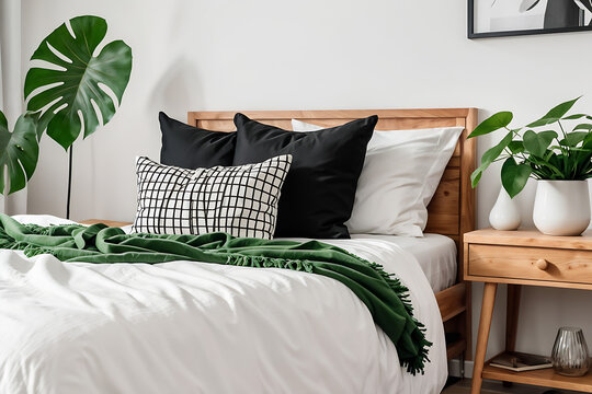 Knot pillow and black and white blanket on single bed in fashionable interior with green leaf in vase on wooden nightstand