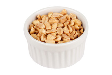 roasted peeled peanuts in ceramic bowl isolated on white background
