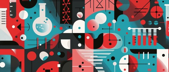 Obraz premium An abstract, science-themed digital artwork filled with colorful geometric shapes, laboratory equipment, and intricate patterns. The image combines a vibrant palette of reds, blues, and blacks