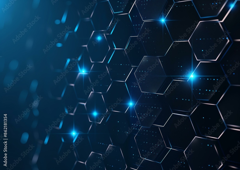 Aufkleber image depicting a blue gradient background with interconnected hexagonal shapes on the right side. The hexagons emit bright blue lights, creating a futuristic and technological feel.