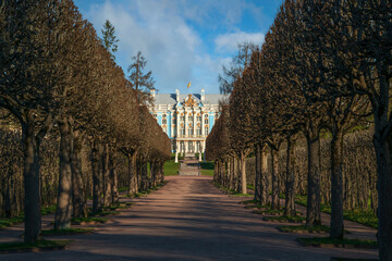 View of the Catherine Palace in the Catherine Park of Tsarskoye Selo and the Hermitage Alley on a...