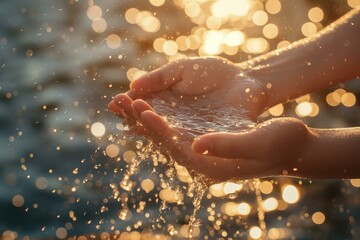 Fototapeta premium Close-up image of water held in cupped hands with sunlight reflecting off the water drops, creating a golden, bokeh effect.