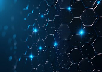 image depicting a blue gradient background with interconnected hexagonal shapes on the right side. The hexagons emit bright blue lights, creating a futuristic and technological feel.