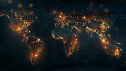 Fototapeta premium A world map illuminated by glowing connections between major cities, showcasing global connectivity.