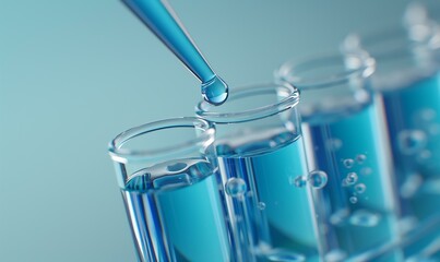 A close-up of test tubes filled with blue liquid, featuring a droplet about to fall from a pipette. This image captures the essence of scientific experiments in a laboratory setting