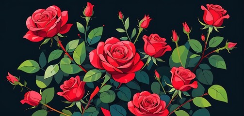 Dark background with bright red roses and green leaves.