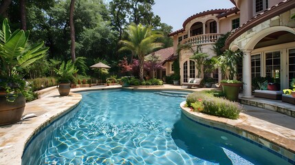 Fototapeta premium Backyard oasis of an extraordinary luxury home, showcasing a magnificent swimming pool with impeccable landscaping
