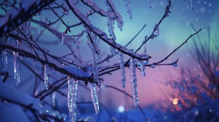 Branches covered in icicles at dusk with northern lights in the background. Winter scenery concept