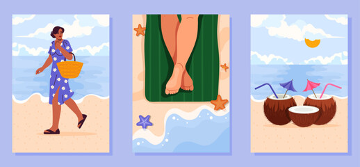 Summer holidays posters set. Woman with wicker basket, girl in swimsuit at green towel and coconut cocktails. Vacation in tropical countries. Cartoon flat vector collection isolated on blue background