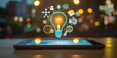 The origin of ideas comes out of the digital storehouse of knowledge.bulb light idea concept