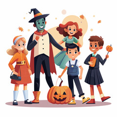 A unique illustration of a group of young children trick-or-treating in Halloween costumes. on a white background