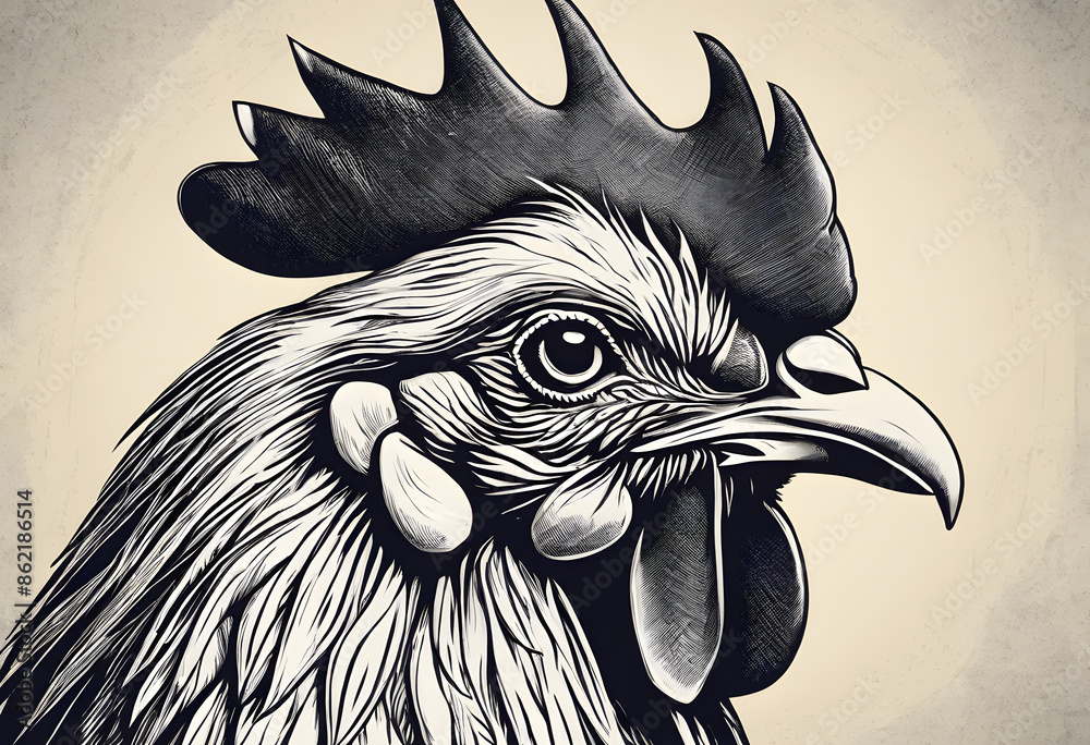 Wall mural Detailed illustration of a rooster with intricate feather patterns and a prominent comb.